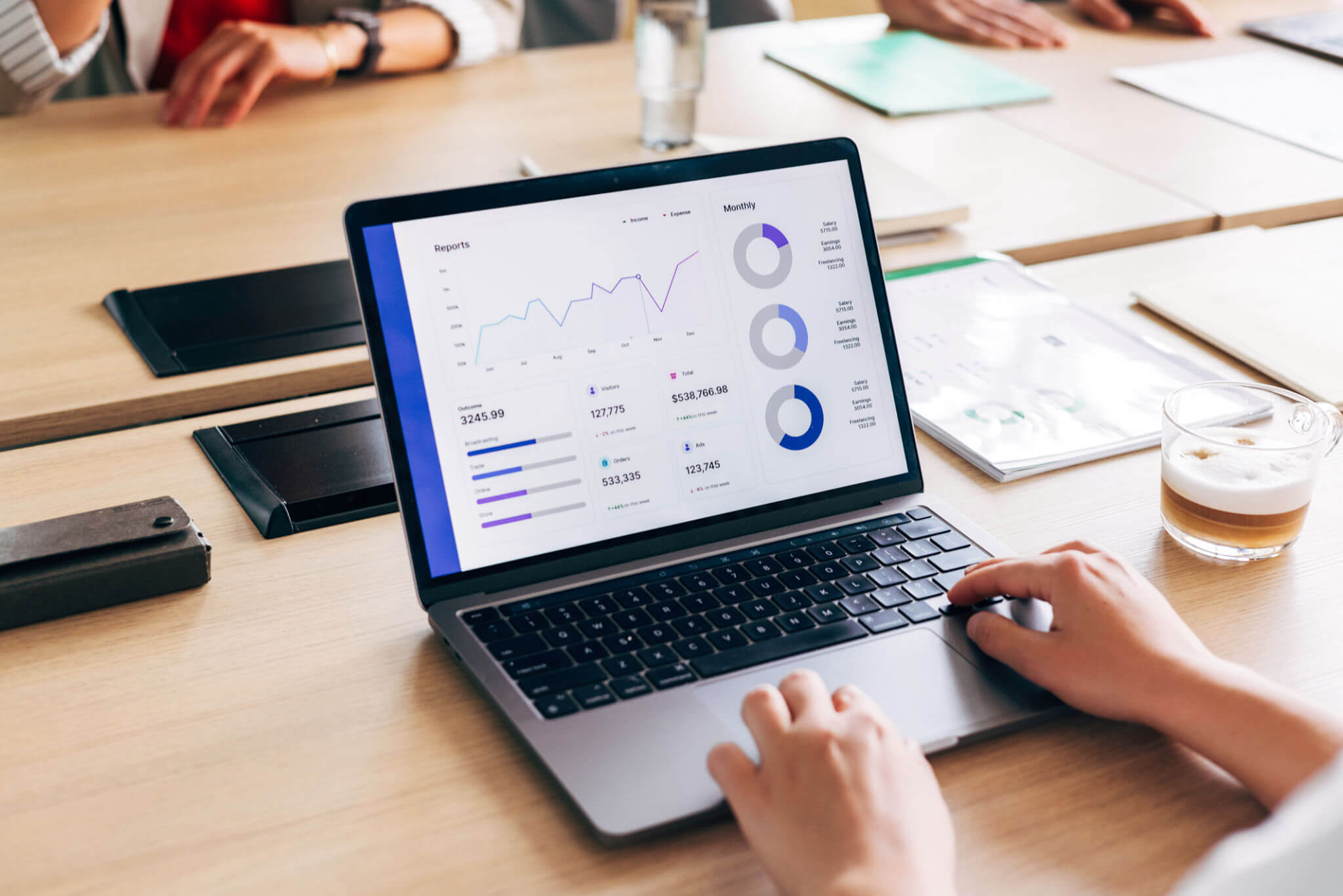Laptop displaying charts in a meeting